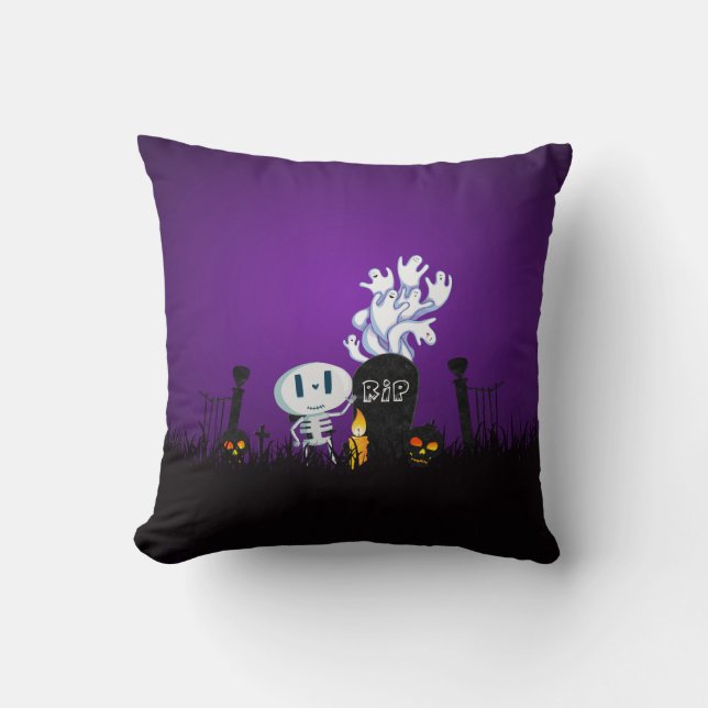 Halloween Graveyard Spooky Cute Skeleton & Ghosts Kussen (Voorkant)