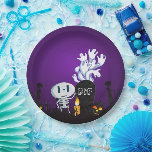 Halloween Graveyard Spooky Cute Skeleton & Ghosts Papieren Bordje (Feest)