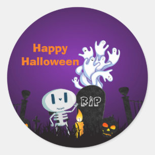 Halloween Graveyard Spooky Cute Skeleton & Ghosts Ronde Sticker