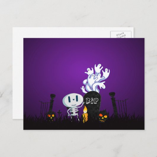 Halloween Graveyard Spooky Schattige Skelton en Gh Briefkaart (Voorkant / Achterkant)