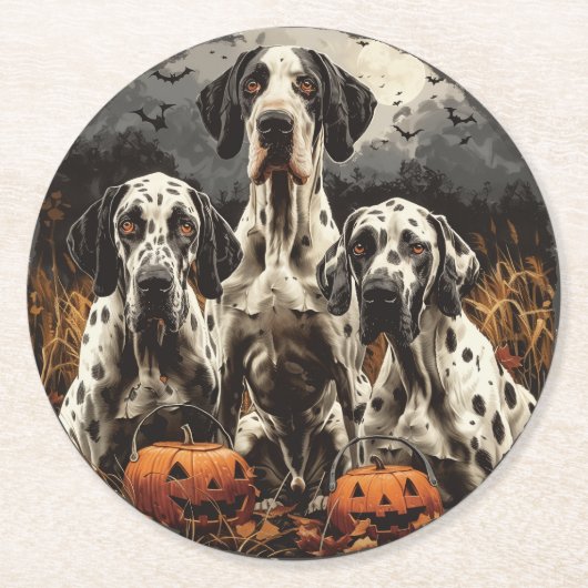 Halloween Great Dane Dogs Jack O Lantern Ronde Kartonnen Onderzetter (Voorkant)