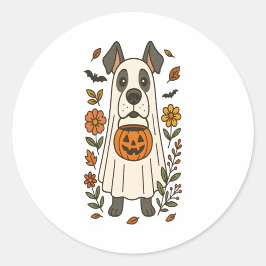 Halloween Great Dane Flowers Ronde Sticker (Voorkant)