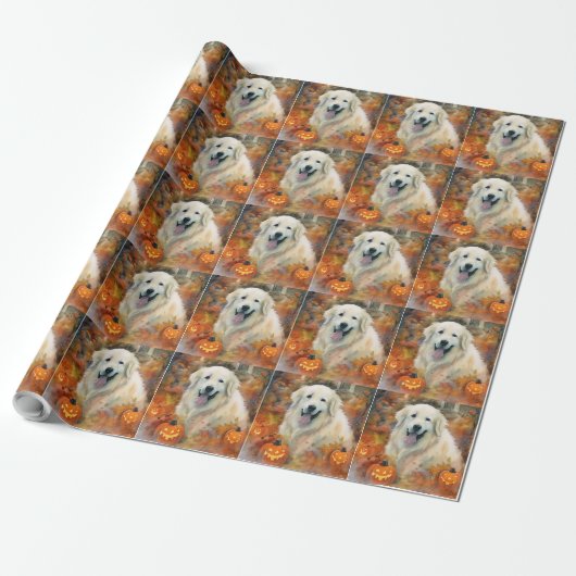 Halloween Great Pyrenees Met Pompoenen Eng Cadeaupapier (Uitgerold)