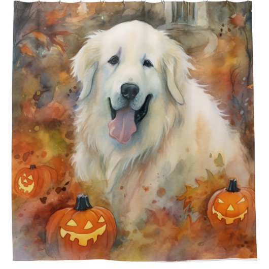 Halloween Great Pyrenees Met Pompoenen Eng Douchegordijn (Voorkant)