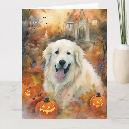 Halloween Great Pyrenees Met Pompoenen Eng Kaart (Voorkant)