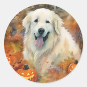 Halloween Great Pyrenees Met Pompoenen Eng Ronde Sticker (Voorkant)