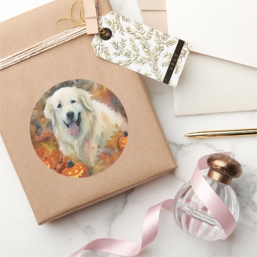 Halloween Great Pyrenees Met Pompoenen Eng Ronde Sticker (Geschenken)