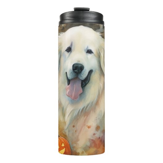 Halloween Great Pyrenees Met Pompoenen Eng Thermosbeker (Voorkant)