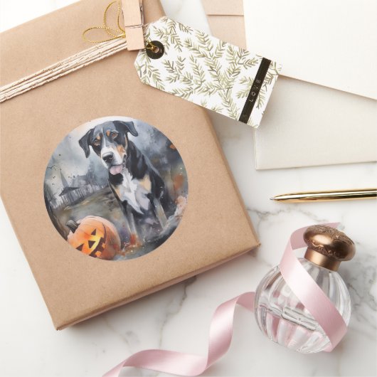 Halloween Greater Swiss with Pumpkins Scary Ronde Sticker (Geschenken)