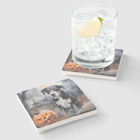 Halloween Greater Swiss with Pumpkins Scary Stenen Onderzetter (Zijkant)