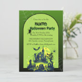 Halloween Green Haunted House Party Kaart (Staand voorkant)