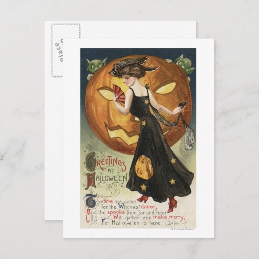 Halloween Greeting, Witch Dansand Pumpkin Briefkaart (Voorkant / Achterkant)