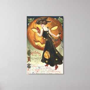 Halloween Greeting, Witch Dansand Pumpkin Canvas Afdruk