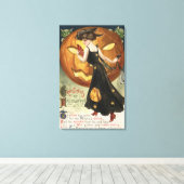 Halloween Greeting, Witch Dansand Pumpkin Canvas Afdruk (Insitu (Houten vloer))