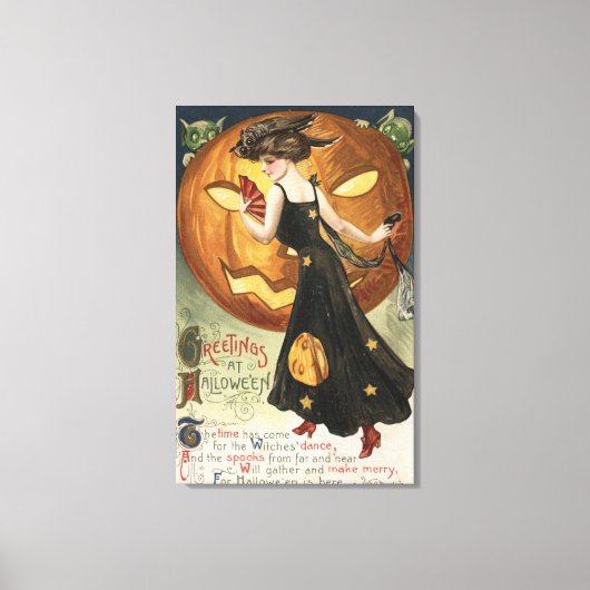 Halloween Greeting, Witch Dansand Pumpkin Canvas Afdruk (Voorkant)