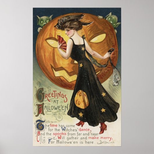 Halloween Greeting, Witch Dansand Pumpkin Poster (Voorkant)