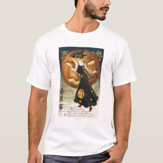 Halloween Greeting, Witch Dansand Pumpkin T-shirt (Voorkant)