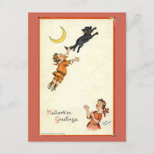 Halloween Greetings Boy Black Cat Tail Briefkaart