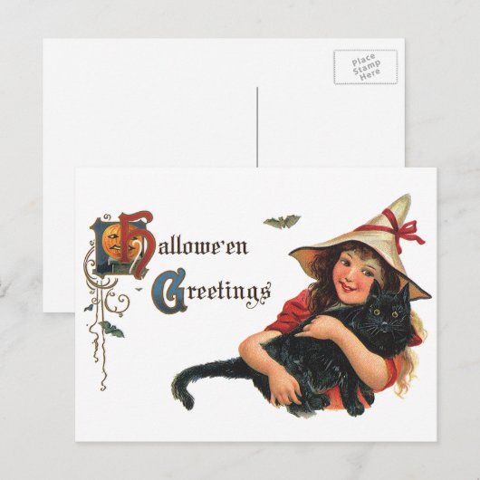  Halloween Greetings, Child Witch met Kat Briefkaart (Voorkant / Achterkant)