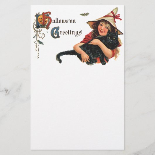  Halloween Greetings, Child Witch met Kat Briefpapier (Voorkant)