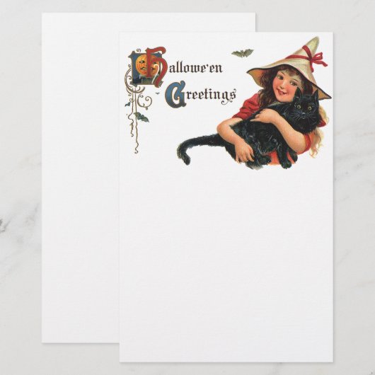  Halloween Greetings, Child Witch met Kat Briefpapier (Voorkant / Achterkant)