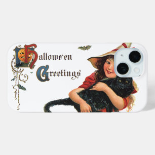 Halloween Greetings, Child Witch met Kat iPhone 15 Case