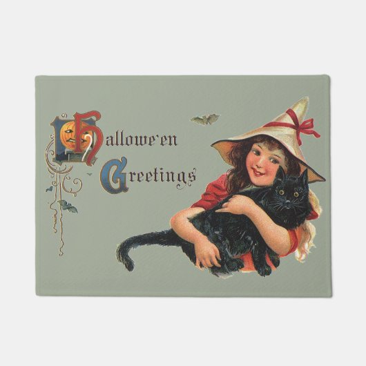  Halloween Greetings, Child Witch met Kat Deurmat (Voorkant)