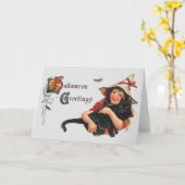  Halloween Greetings, Child Witch met Kat Kaart (Gele Bloem)