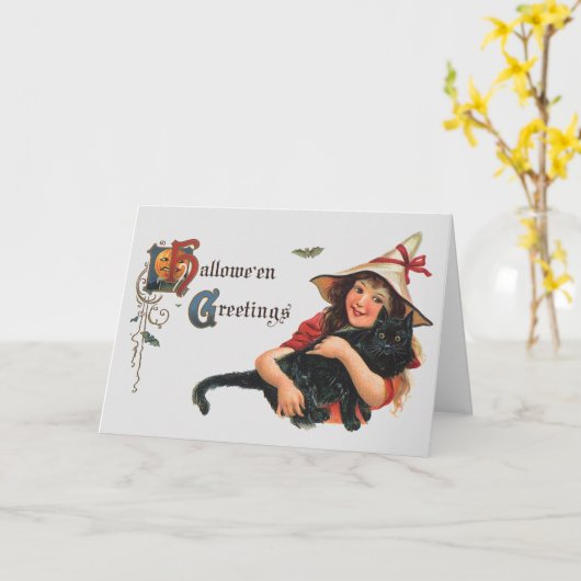  Halloween Greetings, Child Witch met Kat Kaart (Gele Bloem)