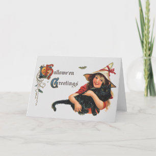 Halloween Greetings, Child Witch met Kat Kaart