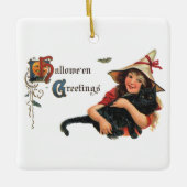  Halloween Greetings, Child Witch met Kat Keramisch Ornament (Voorkant)