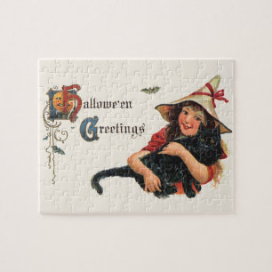 Halloween Greetings, Child Witch met Kat Legpuzzel