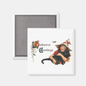 Halloween Greetings, Child Witch met Kat Magneet (Voorkant / Achterkant)