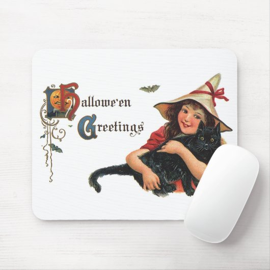  Halloween Greetings, Child Witch met Kat Muismat (Met muis)