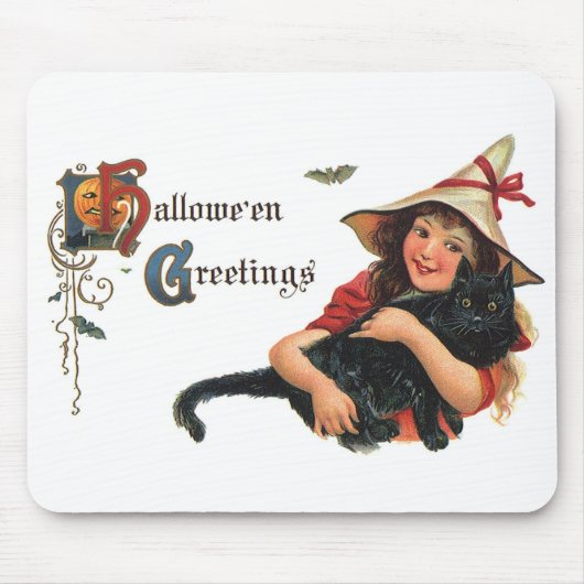  Halloween Greetings, Child Witch met Kat Muismat (Voorkant)