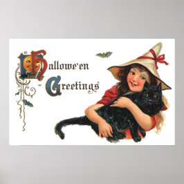  Halloween Greetings, Child Witch met Kat Poster