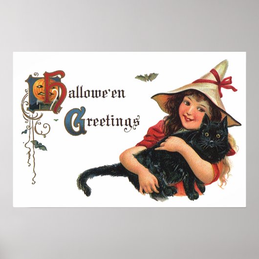 Halloween Greetings, Child Witch met Kat Poster (Voorkant)