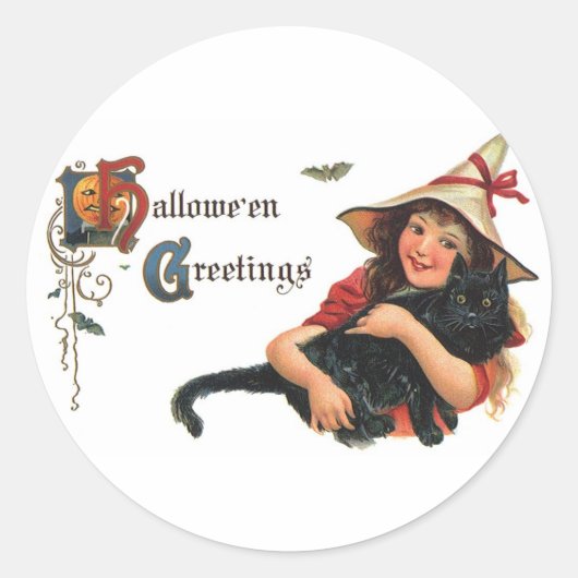 Halloween Greetings, Child Witch met Kat Ronde Sticker (Voorkant)