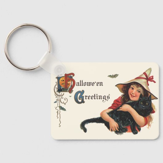  Halloween Greetings, Child Witch met Kat Sleutelhanger (Achterkant)