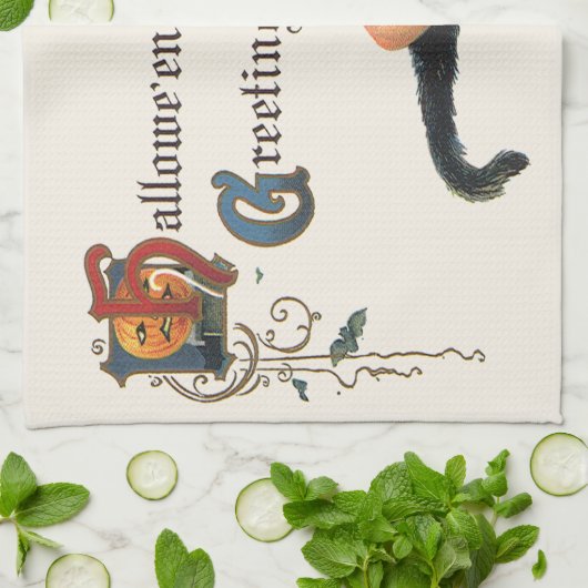  Halloween Greetings, Child Witch met Kat Theedoek (Gevouwen)