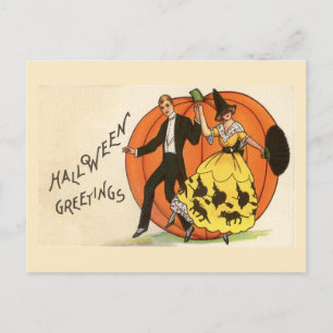 Halloween Greetings Dansende Couple Pumpkin Vintag Briefkaart