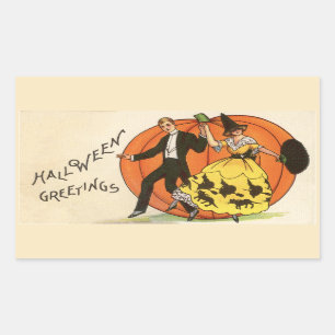 Halloween Greetings Dansende Couple Pumpkin Vintag Rechthoekige Sticker