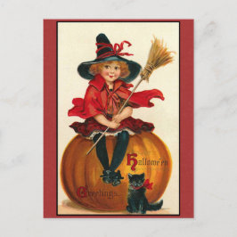 Halloween Greetings Girl en Cat Briefkaart
