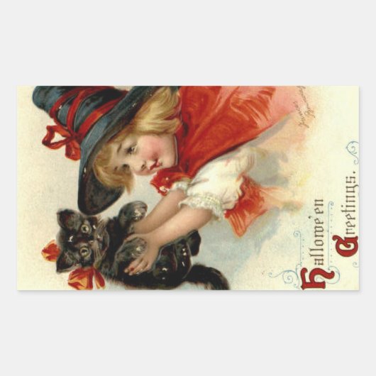 Halloween Greetings Girl met Black Cat  Rechthoekige Sticker (Voorkant)