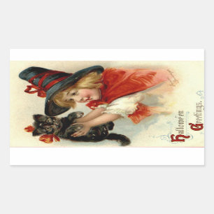 Halloween Greetings Girl met Black Cat  Rechthoekige Sticker