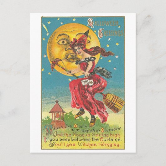 Halloween Greetings Woman op Broom Briefkaart (Voorkant)