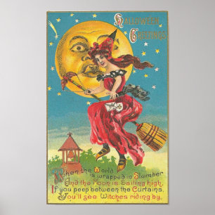 Halloween Greetings Woman op Broom Poster