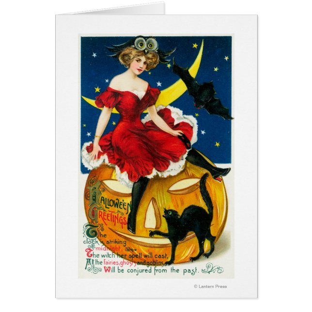 Halloween Greetings Woman op Jack-o-Lantern (Voorkant)