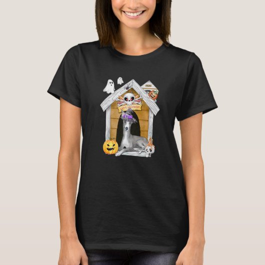 Halloween Greyhound Dog Witch Haunted House T-shirt (Voorkant)