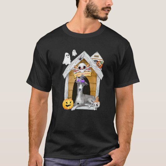 Halloween Greyhound Dog Witch Haunted House T-shirt (Voorkant)